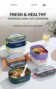 Detail of multilayer lunch box with side buckles, top handle and built-in cutlery storage
