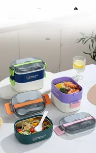 Detail of multilayer lunch box with side buckles, top handle and built-in cutlery storage