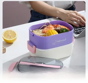 Close-up of a double-layer purple bento box with cat print and cutlery compartment