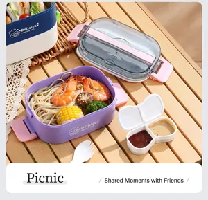 Detail of multi-layer oval bento box with sauce container and fork on picnic table