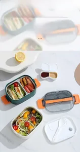 Detail of multi-layer stainless steel lunch box with green exterior and orange side buckles