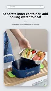 Detail showing water pouring into lunch box for heat insulation with stainless steel tray