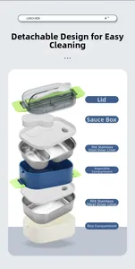Exploded view of leakproof bento lunch box with SUS304 stainless steel layers and compartments