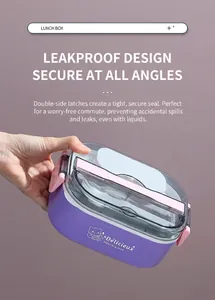 Detail showing the leak-proof pink side buckles and purple lunch box body with cartoon logo
