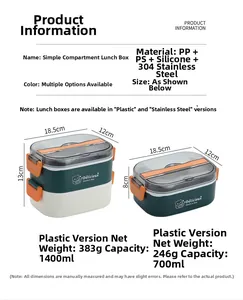 Detail showing dimensions of 700ml and 1400ml stainless steel bento lunch boxes