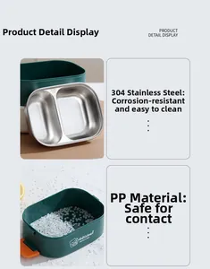 Detail of 304 stainless steel dual compartment bento box insert with food-grade green shell