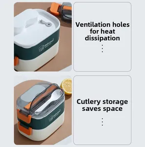 Dual-layer lunch box detail featuring orange side buckles and a built-in cutlery compartment
