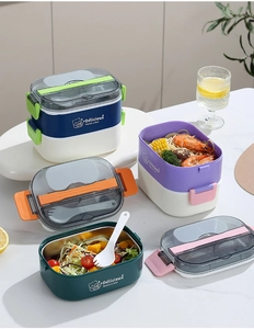 Macro shot showing multi-layer oval bento box with stainless steel lining and handle