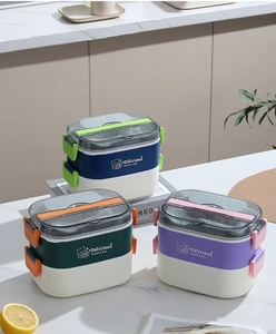 Detail of double-layer bento boxes with foldable handles and secure side buckles