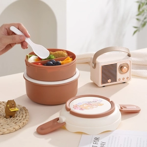 Double-layer stackable bento box with bear lid handle and spoon for students