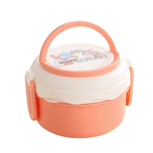 Portable double-layer round bento box with unicorn print and handle in pink and cream
