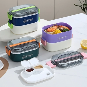 Double-layer bento lunch box with cutlery compartment and multi-grid separation