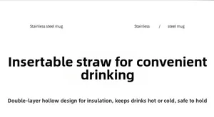 Detail of double-wall vacuum insulated stainless steel mug with straw-compatible lid