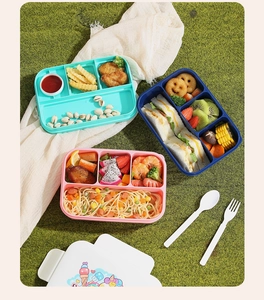 Vista dettagliata del contenitore porta pranzo a scomparti multipli per picnic all'aperto