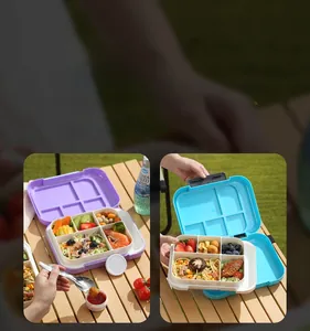 Outdoor picnic scene with purple and blue four-compartment plastic lunch boxes
