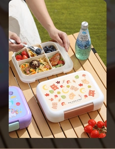 Outdoor picnic scene showing a multi-compartment lunch box with cute cartoon illustrations
