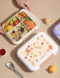 Close-up of four-compartment lunch box with SUS 304 cutlery and cute bear patterns