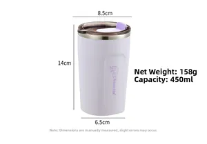 Detailed size specifications for the 450ml white insulated stainless steel coffee cup