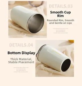 Detail view of smooth stainless steel rim and anti-slip base on a cream coffee mug