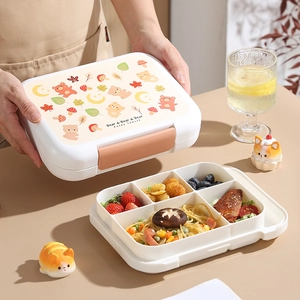 Five-compartment cartoon bear lunch box with food grade plastic and secure side buckles