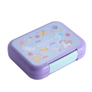 Cartoon space-themed lunch box for kids in purple and blue with unicorn astronaut graphics