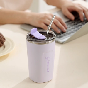 Light purple 304 stainless steel insulated coffee mug with cat print and metal straw