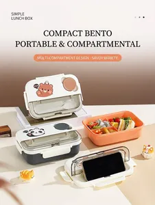Detail of 3-compartment bento box with built-in cutlery holder and phone stand