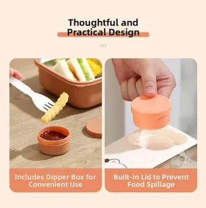 Detail view of portable bento box with sauce container and leak-proof sealing lid