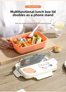 Detail of three-compartment lunch box lid used as a mobile phone holder with bear pattern