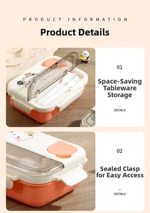 Detail view of the orange bento box featuring a transparent lid and built-in utensil storage