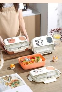 Detail of three-compartment bento box with built-in cutlery storage and cartoon bear design