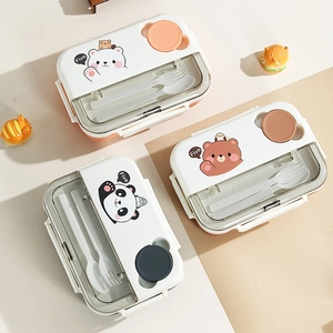 Three cartoon lunch boxes for kids with bear designs, three compartments and utensils