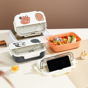 Cartoon 3-compartment kids bento lunch box with spoon and phone holder handle