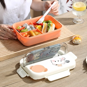 Three-grid plastic lunch box with cartoon bear lid and integrated phone holder stand