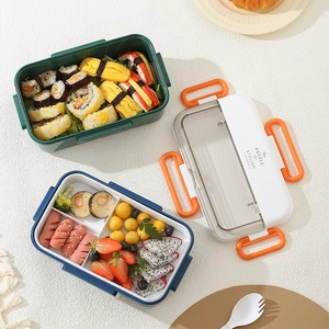 Divided bento lunch box with handles for office students, microwave safe plastic container