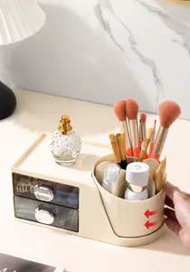 Organizador cosmético con porta pinceles giratorio de 360 grados y cajones dobles