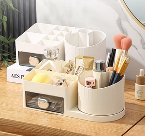 Detail of drawer makeup organizer with rotating brush holder and bear handle