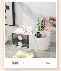 Detalle de caja organizadora blanca con cajones y portalápices giratorio para mesa