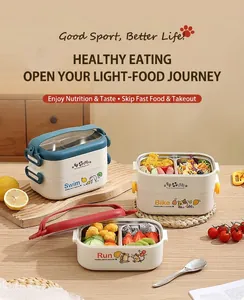 Detail of multi-layered stainless steel lunch box with cartoon sport themes and handles