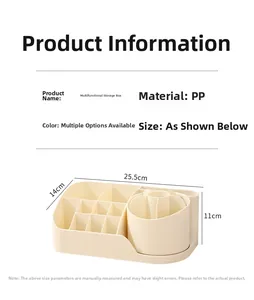 Detailed view of cream desk organizer dimensions showing divided slots and large storage area