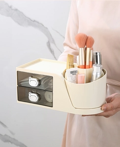 Detail of compact cream desktop organizer with semi-transparent drawers held by hand
