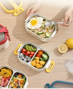 Detail of 304 stainless steel lunch box with separate compartments and food storage