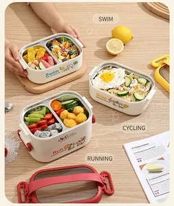 Three-grid 304 stainless steel lunch boxes with cartoon prints and portable handles