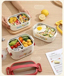 Three-grid 304 stainless steel lunch boxes with cartoon prints and portable handles