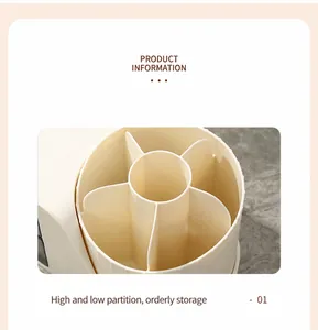 Detalle del organizador de cosméticos crema con diseño de 6 compartimentos alto-bajo