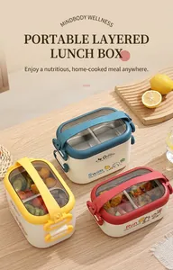Close-up of double-layer stainless steel lunch boxes with handles and cute cartoon patterns