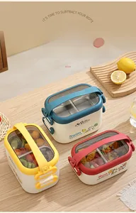 Close-up of double-layer stainless steel lunch boxes with handles and cute cartoon patterns