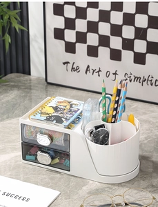 Close-up of white desk organizer with transparent drawers and cat-shaped handles
