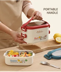Detail of double-layer stainless steel lunch box with cartoon patterns and portable handle
