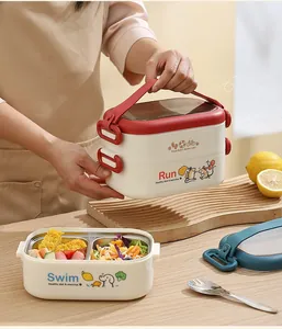Detail of double-layer stainless steel lunch box with cartoon patterns and portable handle